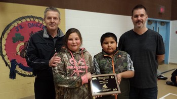 Left to right: Don Tessier, Associate Superintendent, Shashawna Tremblay, Braden Campbell and Christopher Carson, Principal